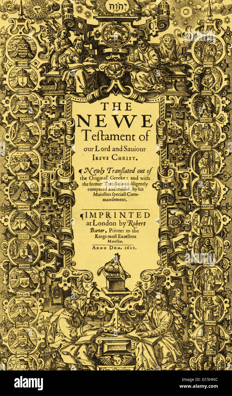 Titolo pagina del Nuovo Testamento nella prima edizione del re James la Bibbia, 1611. Foto Stock
