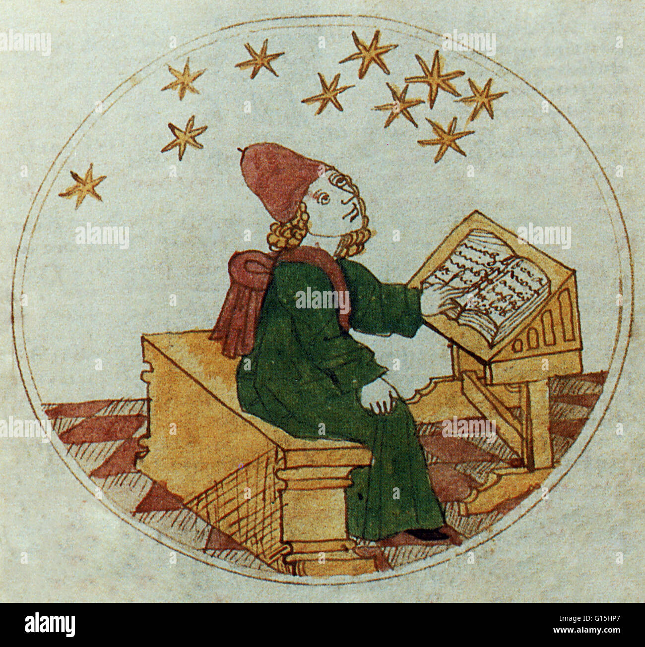 Illustrazione di un astrologo medievale fare previsioni a. Foto Stock