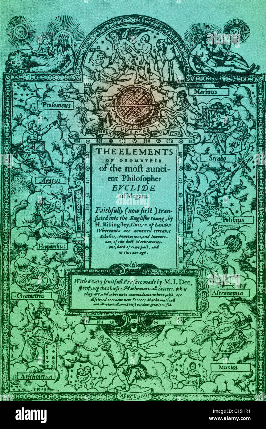 La prima edizione degli Elementi di Euclide di geometria per essere stampati in inglese (tradotto da Sir Henry Billingsley e pubblicato nel 1570) effettuato un errore di stampa sulla sua pagina del titolo. La Euclid sbagliato è stato chiamato come autore. Euclide (significato, buona gloria, 300 BC) era un Foto Stock