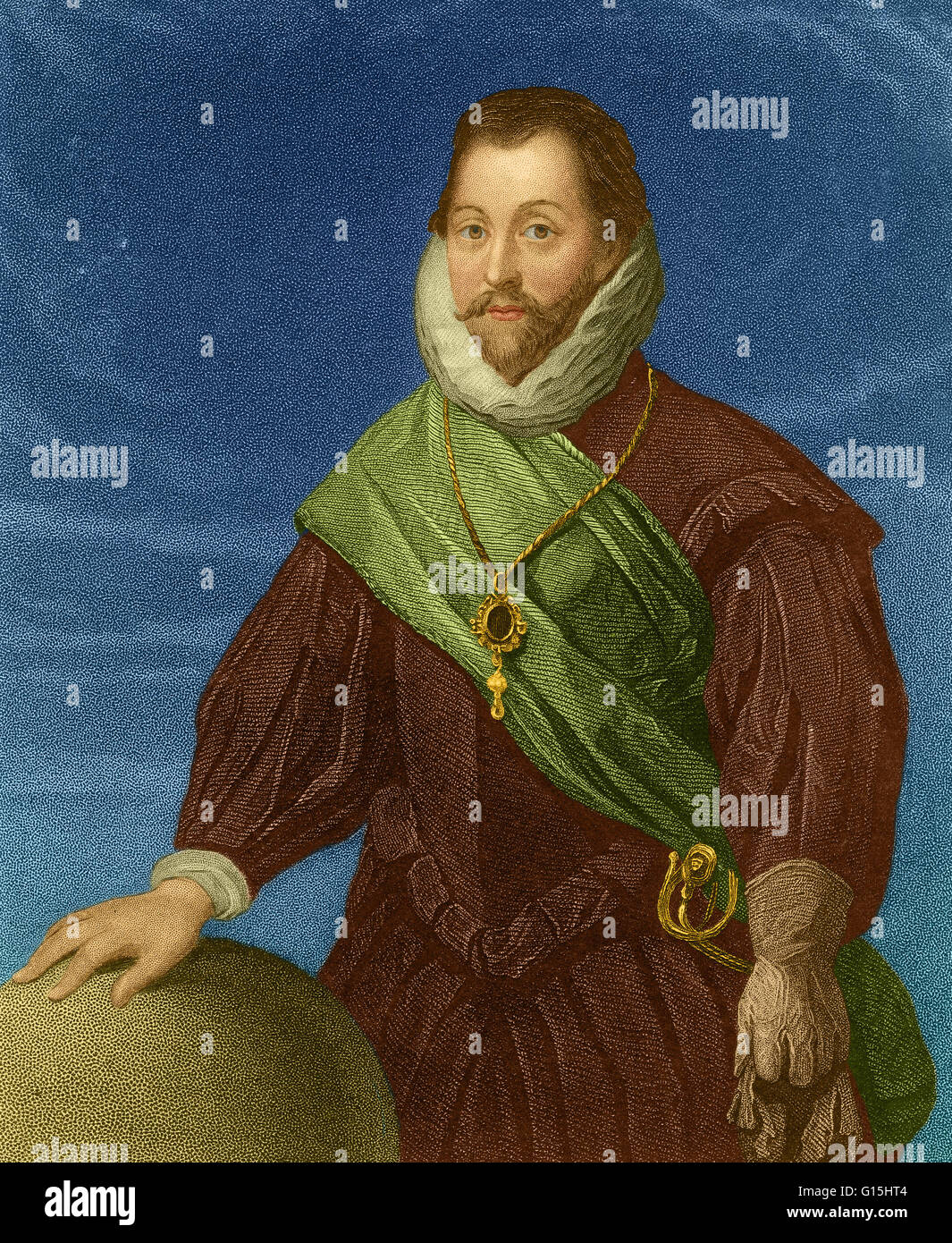 Sir Francis Drake, Vice Ammiraglio (1540-1596) era un inglese un capitano di mare, corsaro, navigator, slave, explorer e politico della Età elisabettiana. Egli è stato il secondo in comando della flotta inglese contro la Armada spagnola nel 1588. Egli ha effettuato la seco Foto Stock