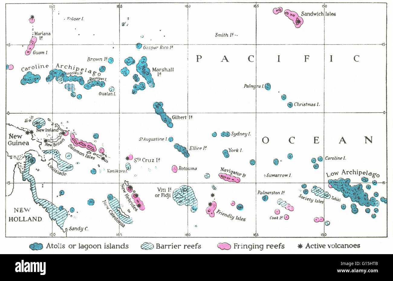 Ths grafico, disegnato da Charles Darwin, espone la sua teoria che le barriere coralline sono di due tipi. Ha usato il colore blu per atolli e barriere coralline nelle aree in cui la terra si è calmata e rosa per sfrangiare scogliere intorno upthrust vulcani(stelle). Foto Stock