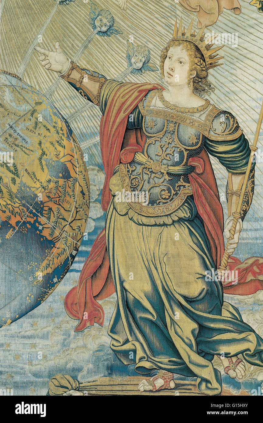 Juno, la guerriera dea romana, come illustrato in "terra sotto la protezione di Giove e Giunone', c. 1520-30, una tappezzeria di oro, argento, seta e lana. Da uno dei tre pannelli esistenti di una serie conosciuta come "sfere". Gli arazzi furono tessuti per Re Foto Stock