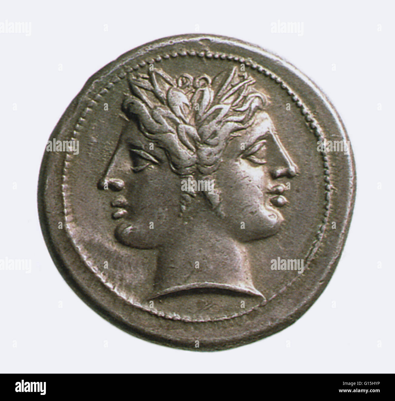 Medaglia di bronzo raffigurante Janus, gemelle dio romano degli inizi e transizioni, portoni e cancelli. Janus è anche un simbolo del tempo, guardando indietro al passato e al futuro. Foto Stock