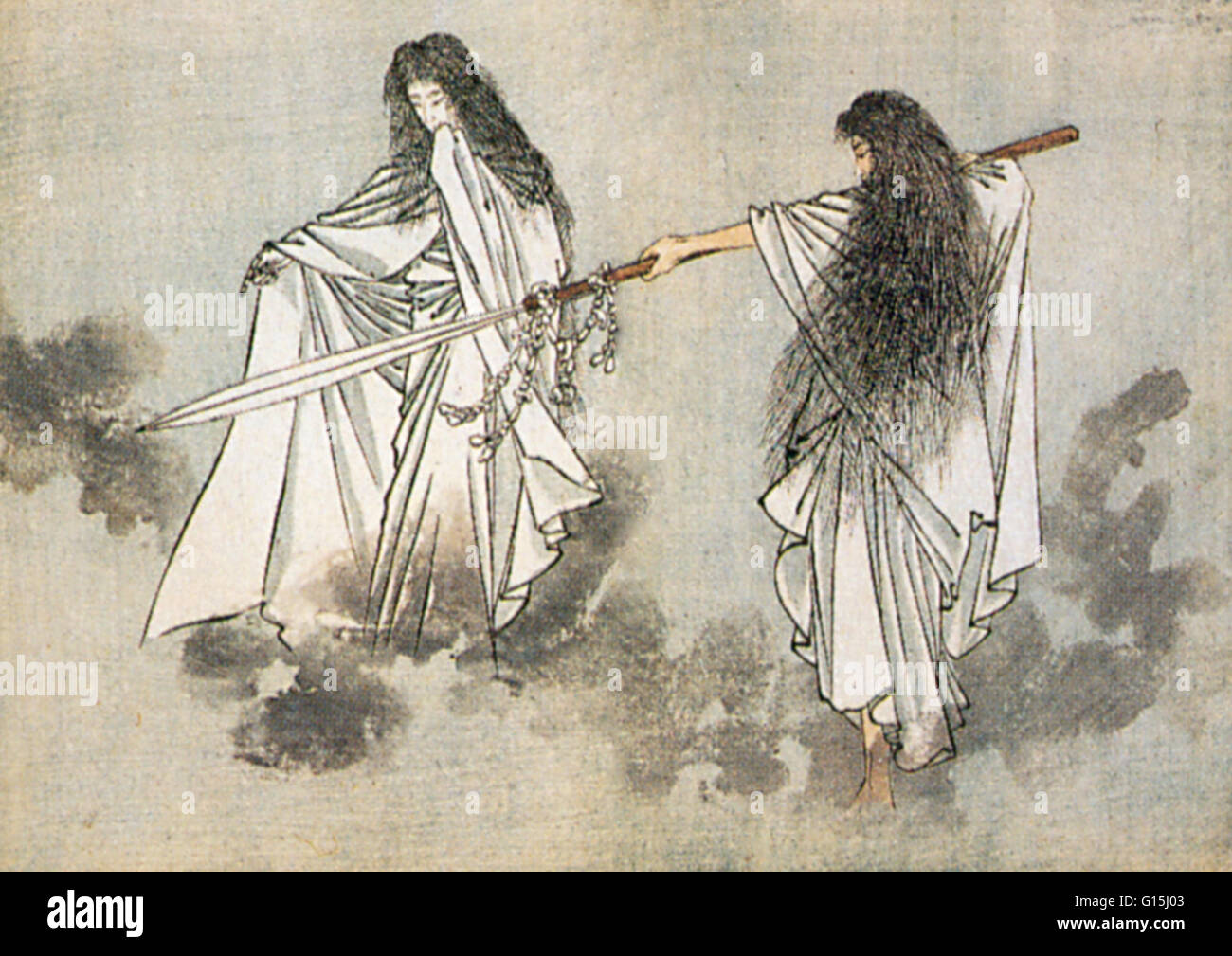 Illustrazione della giapponese dio Izanagi e sua moglie Izanami agitazione l'oceano con una lancia per creare la prima isola, Onokoro. Foto Stock