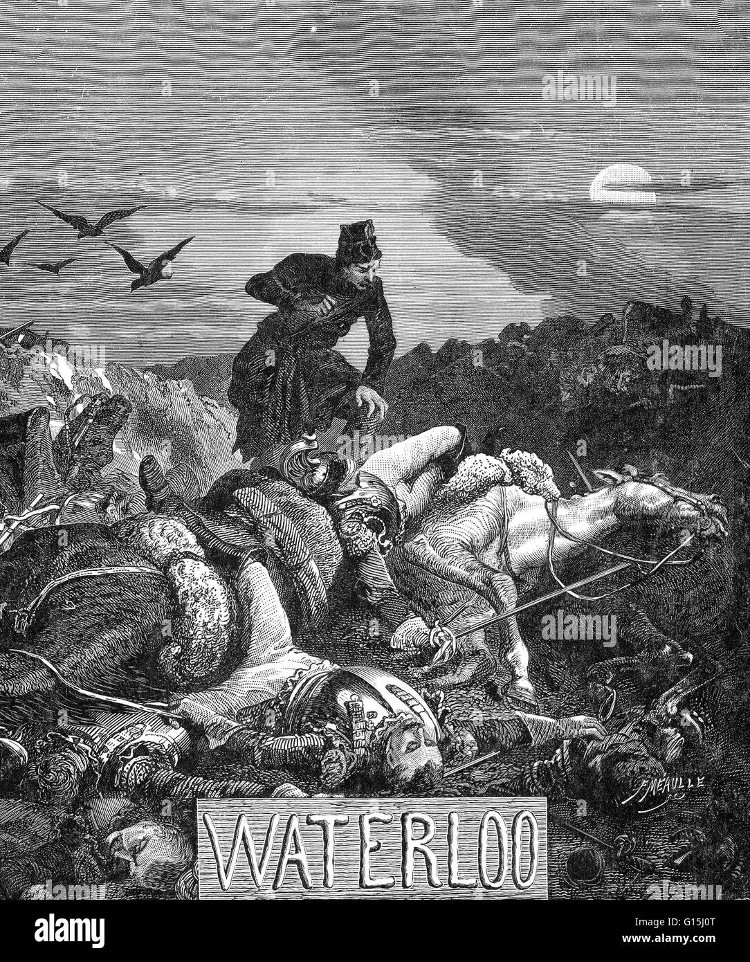 La battaglia di Waterloo è stata combattuta su Giugno 18, 1815, vicino a Waterloo nell attuale Belgio. Un esercito francese sotto il comando di Napoleone fu sconfitto da due tra gli eserciti della settima coalizione: un anglo-allied esercito sotto il comando del Duca di Bagno a Ripoli Foto Stock
