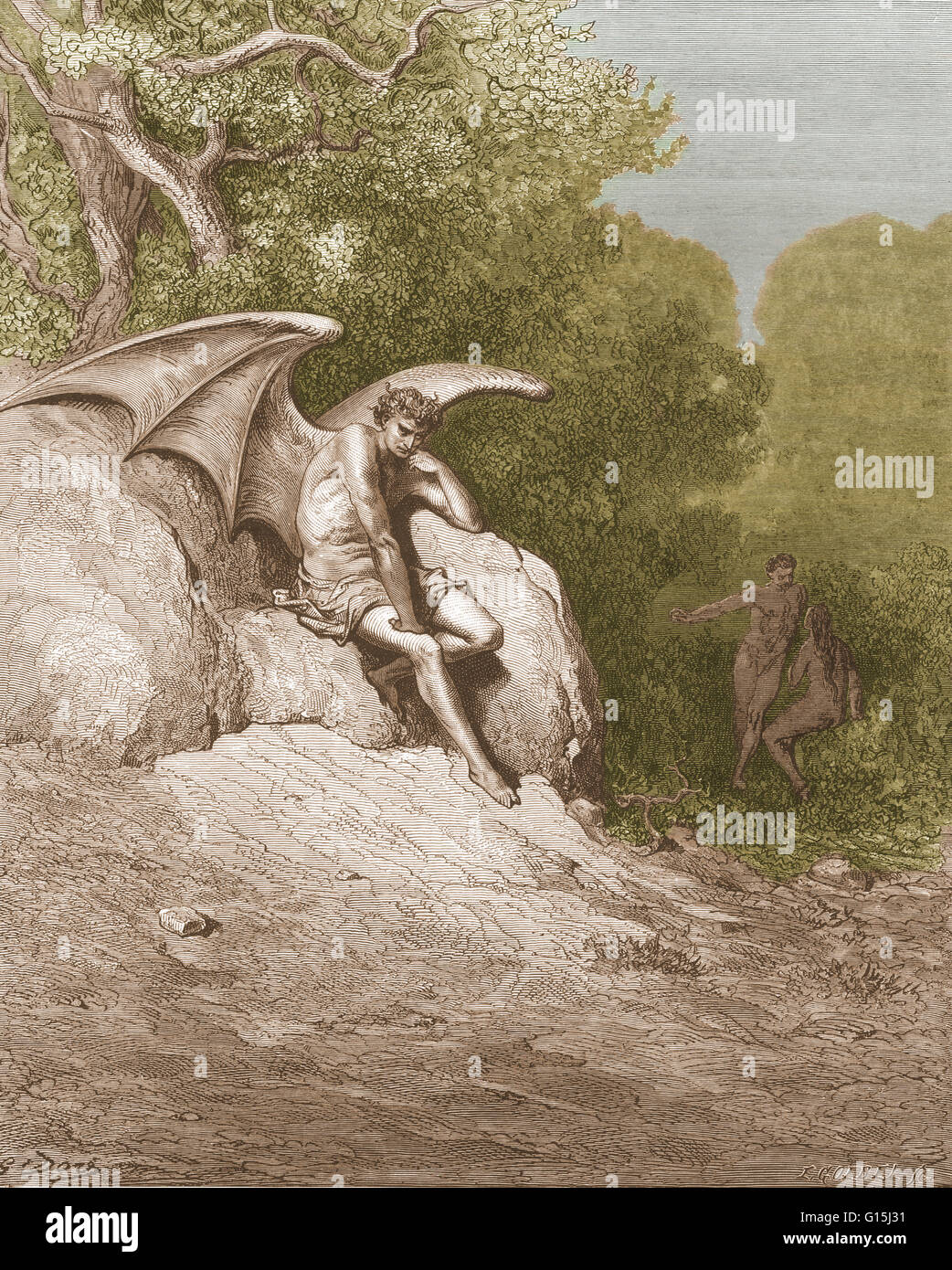 Una illustrazione di Satana mcon su come nascondere in serpente, con Adamo ed Eva in background, da Gustave Dore, da John Milton il paradiso perduto, Libro 9, linee 99-100: 'O terra come in cielo, se non preferite / Più giustamente". Foto Stock