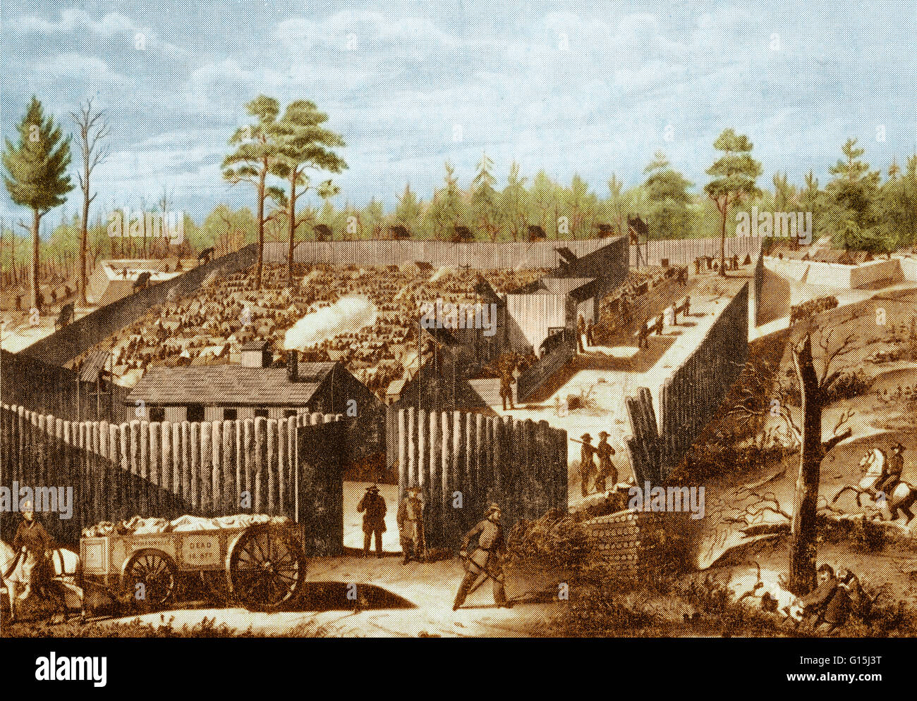 Colore esaltato illustrazione della prigione di Andersonville. Ufficialmente conosciuta come il Camp Sumter, fu costruita nel 1864 quando i funzionari confederato ha deciso di spostare i prigionieri federali in ed intorno a Richmond a un posto di maggiore sicurezza e più abbondante cibo. Andersonv Foto Stock
