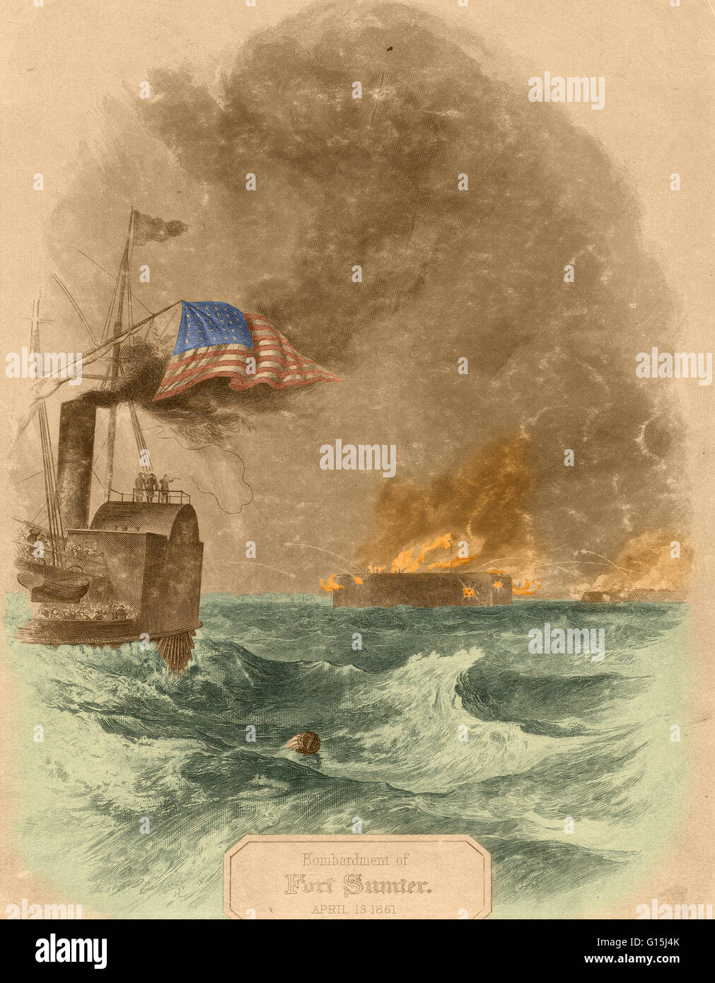 Colore esaltato illustrazione del bombardamento di Fort Sumter. Il 10 aprile 1861, il Generale di Brigata Beauregard, al comando provvisorio delle forze confederate a Charleston, Carolina del Sud, ha chiesto la rinuncia dell'Unione presidio di Fort Sumter nel Foto Stock