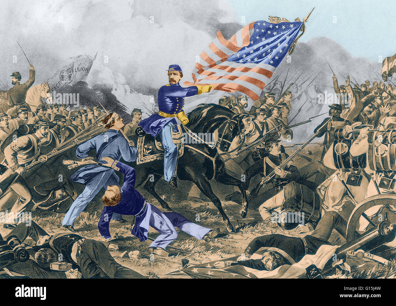 Colore esaltato illustrazione della battaglia di Williamsburg conosciuta anche come la battaglia di Fort Magruder, che ha avuto luogo a Williamsburg, Virginia il 5 maggio 1862. In seguito al ritiro di confederati da Yorktown, Generale Joseph Hooker la divisione ha rilevato la Foto Stock