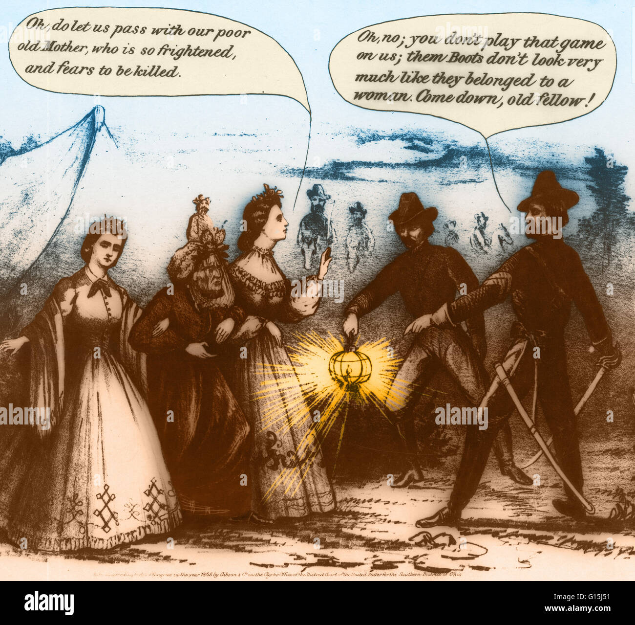 Colore esaltato cartoon della cattura di Jefferson Davis. Presidente Jefferson Davis si è incontrato con il suo gabinetto confederato per l' ultima volta il 5 maggio 1865, a Washington, la Georgia e il governo confederato fu ufficialmente sciolta. Egli è stato catturato a maggio Foto Stock