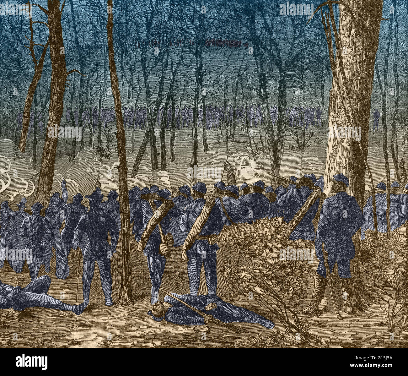 Colore esaltato illustrazione della battaglia del deserto, combattuto può 5-7, 1864, la prima battaglia del generale Ulysses S. Grant's 1864 Virginia Overland campagna contro il generale Robert E. Lee e l'esercito confederato della Virginia. Entrambi gli eserciti subito heav Foto Stock Colore esaltato illustrazione della battaglia del deserto, combattuto può 5-7, 1864, la prima battaglia del generale Ulysses S. Grant's 1864 Virginia Overland campagna contro il generale Robert E. Lee e l'esercito confederato della Virginia. Entrambi gli eserciti subito heav Foto Stock