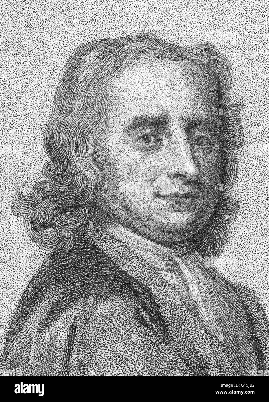 Isaac Newton (25 dicembre 1642 - 20 Marzo 1727) era un fisico inglese, matematico, astronomo, filosofo naturale, alchimista e teologo. La sua monografia Philosophae Naturalis Principia Mathematica, pubblicato nel 1687, getta le basi per m Foto Stock