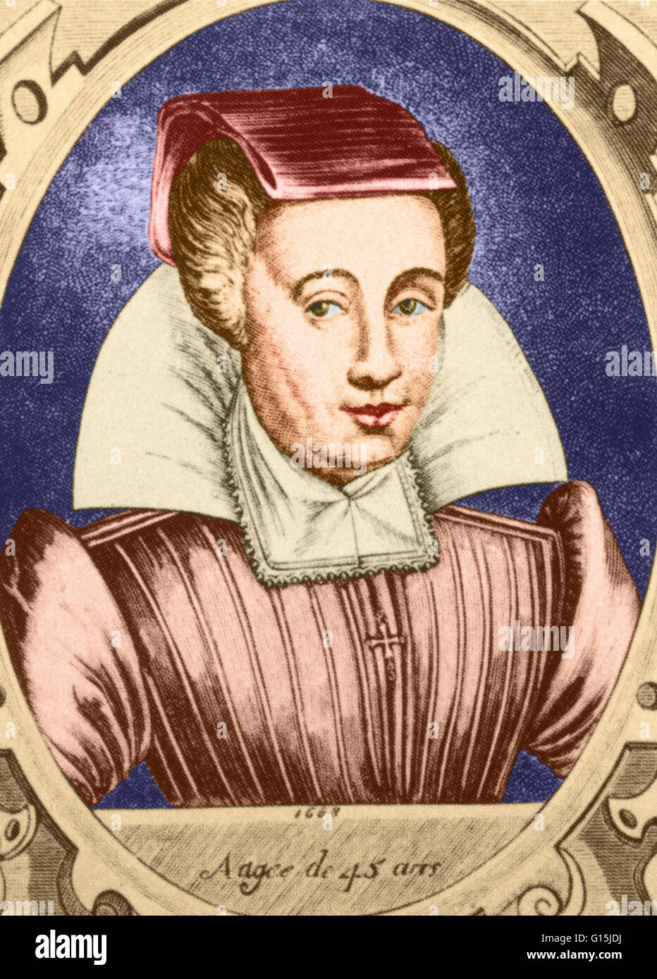 Colore esaltato ritratto di Louyse Bourgeois Boursier, ostetrica di regalità francese, dal suo libro del 1626, "Osservazioni Diverses sur la Sterilite.". Foto Stock