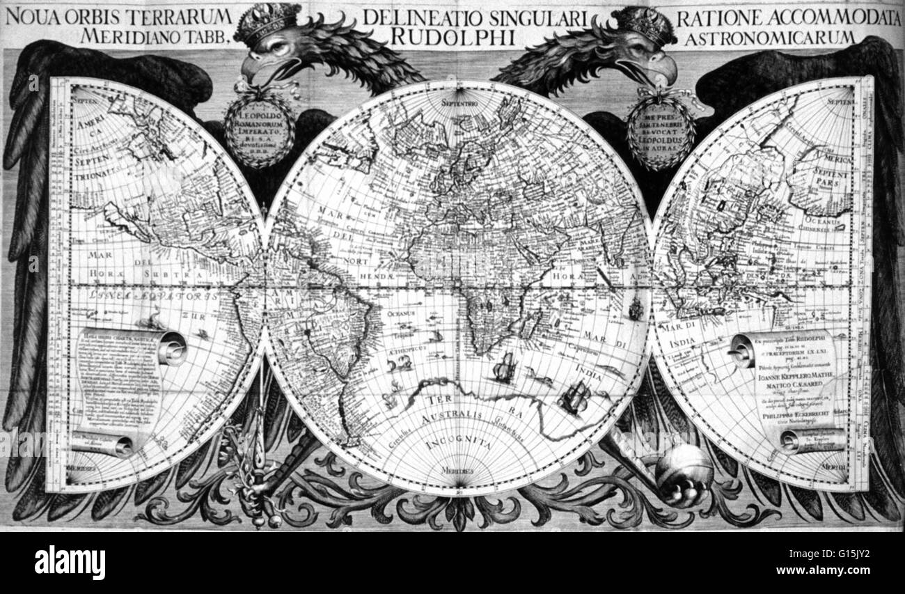 Mappa del mondo da Kepler Tabulae Rudolphinae, quibus astronomicae scientiae, temporum longinquitate collapsae restauratio continetur. Il Rudolphine tavole sono costituite da un catalogo stellare e il planetario tabelle pubblicate nel 1627 utilizzando i dati di Tycho Brah Foto Stock