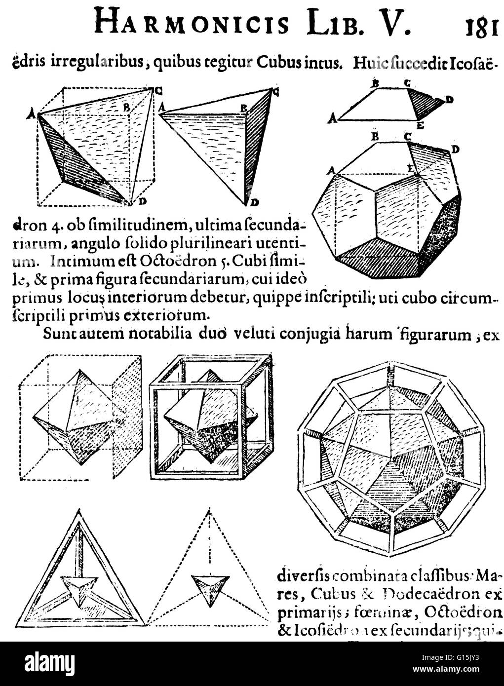 Schemi geometrici da una pagina di Kepler Harmonices Mundi che mostra come un poliedro regolare si inserisce all'interno di un'altra. Egli chiama il cubo e dodecaedro maschio e l'ottaedro e icosaedro femmina, poiché quest'ultimo può montare all'interno dell'ex, mentre la t Foto Stock