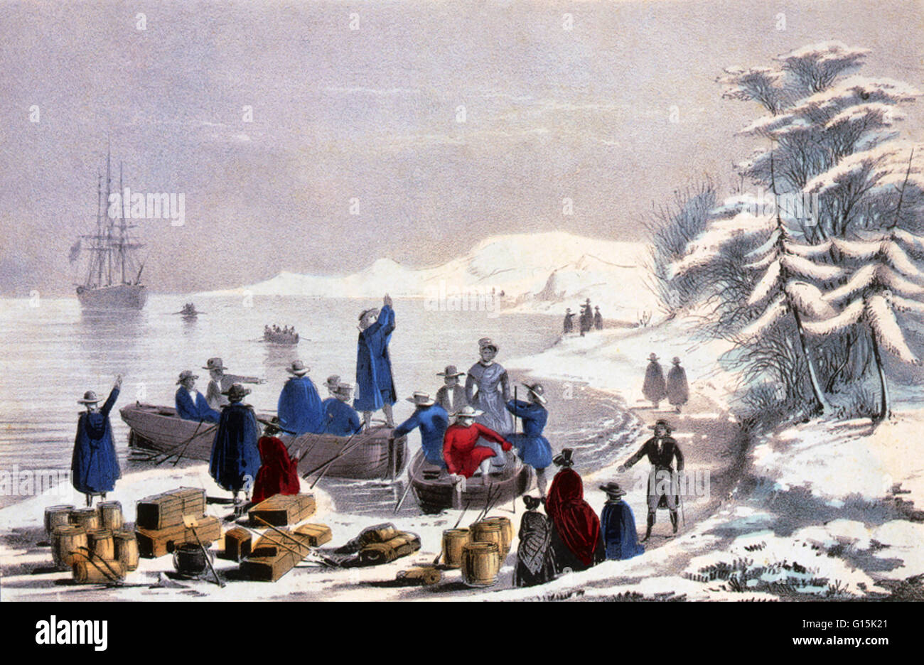 Litografia dal titolo: Lo sbarco dei pellegrini a Plymouth Rock, Dicembre 11th, 1620. Plymouth Rock è il tradizionale luogo di sbarco di William Bradford e il Mayflower pellegrini che fondarono la colonia di Plymouth nel 1620. Si tratta di un simbolo importante ho Foto Stock