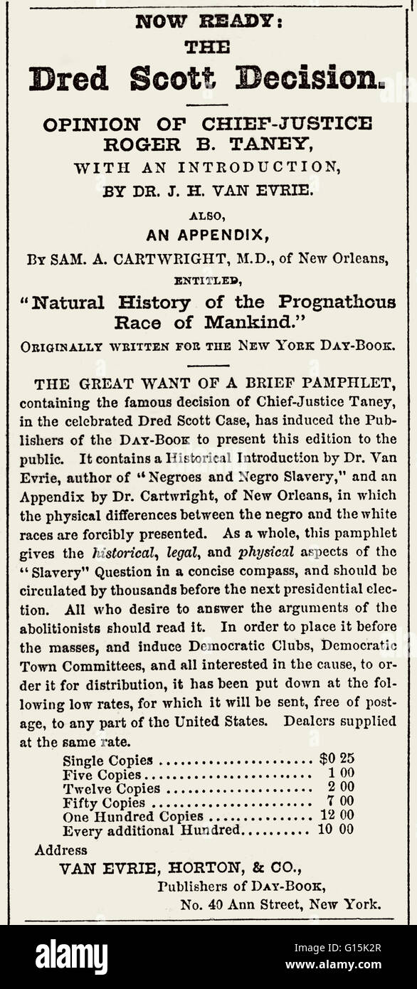 Pubblicità per un opuscolo della Suprema Corte Dred Scott decisione. Nel marzo del 1857, la Corte suprema degli Stati Uniti, guidato dal chief justice Roger B. Taney, ha dichiarato che tutti i neri, schiavi nonché libero, non sono state e non potrebbe mai diventare cittadini di Foto Stock