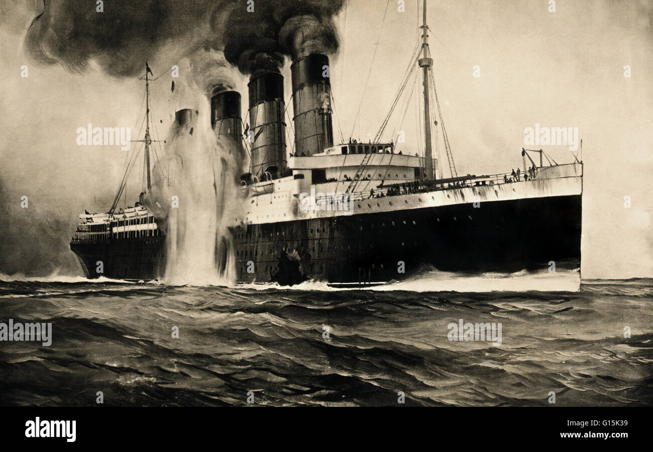 Questa illustrazione, realizzato per il New York Herald e la sfera di Londra, mostra la R.M.S. Lusitania come un secondo siluro colpisce dietro un enorme lacuna nello scafo. L affondamento della Cunard ocean liner RMS Lusitania si è verificato il 7 maggio 1915, durante la prima guerra mondiale, come la Germania Foto Stock