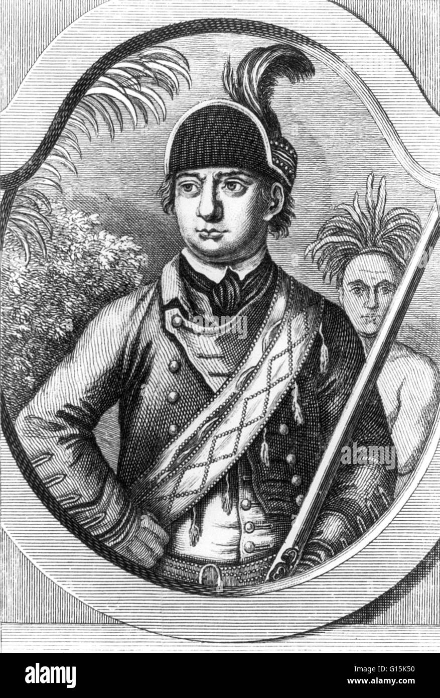 Ritratto di Robert Rogers (1731-1795), un frontiersman coloniale che ha servito nella guerra di indiano e francese e la guerra rivoluzionaria americana. Durante l'ex ha sollevato e comandato una milizia coloniale conosciuta come Rogers' Rangers. Foto Stock
