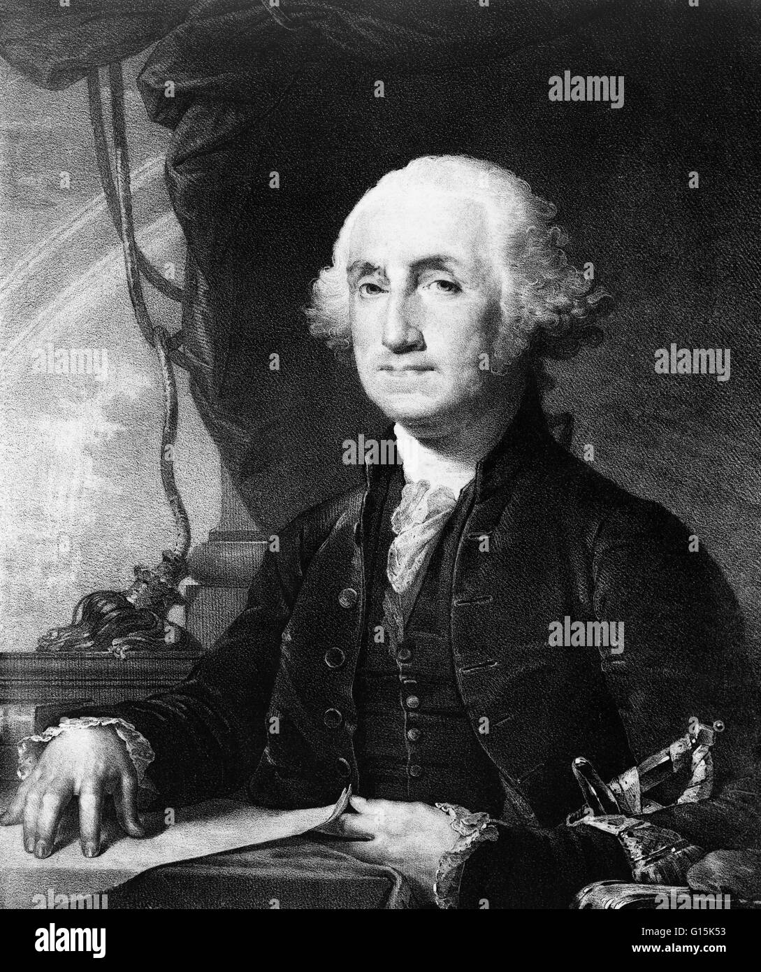 George Washington (22 febbraio 1732 - 14 dicembre 1799) è stato il primo Presidente degli Stati Uniti d'America, che serve da 1789 a 1797, e militare dominante e leader politico degli Stati Uniti dal 1775 al 1799. Egli ha portato la vittoria americana ov Foto Stock