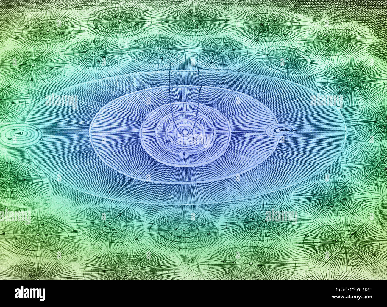 Colore esaltato illustrazione della pluralità dei mondi. "L'Essere Supremo ha creato migliaia di mondi e non uno assomiglia all'altro. " Voltaire la visione illuminata del cosmo influenzato Leonhard Euler di applicare le sue competenze matematiche per esplorare t Foto Stock