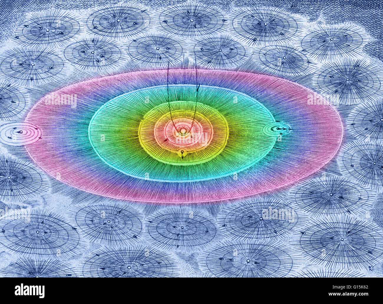 Colore esaltato illustrazione della pluralità dei mondi. "L'Essere Supremo ha creato migliaia di mondi e non uno assomiglia all'altro. " Voltaire la visione illuminata del cosmo influenzato Leonhard Euler di applicare le sue competenze matematiche per esplorare t Foto Stock