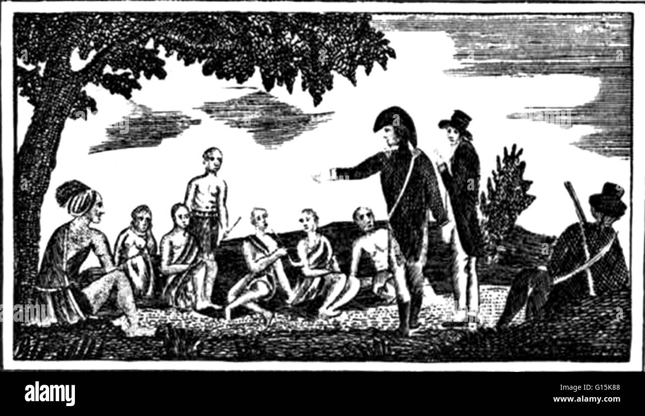 Attacco diritto: capitano Lewis e Clark tenendo un consiglio con gli indiani. Il Lewis e Clark Expedition, o 'corpo della scoperta Expedition' (1804-1806) è stata la prima spedizione transcontinentale per la costa del Pacifico da parte degli Stati Uniti. Commissionato Foto Stock