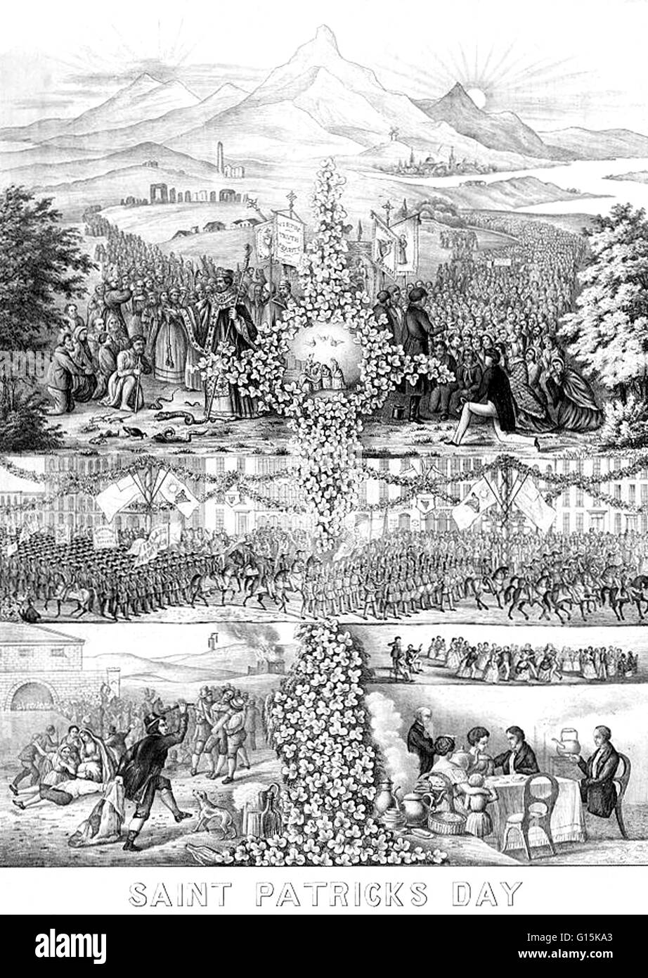 Litografia dal titolo: Saint Patricks giorno. Le scene che mostrano come la nascita di San Patrizio, il suo arrivo in Irlanda il "mali di dissoluzione,' il sorgere del sole su di una nuova società che abbraccia i valori della temperanza (danza e tea party), e la tipica pr Foto Stock