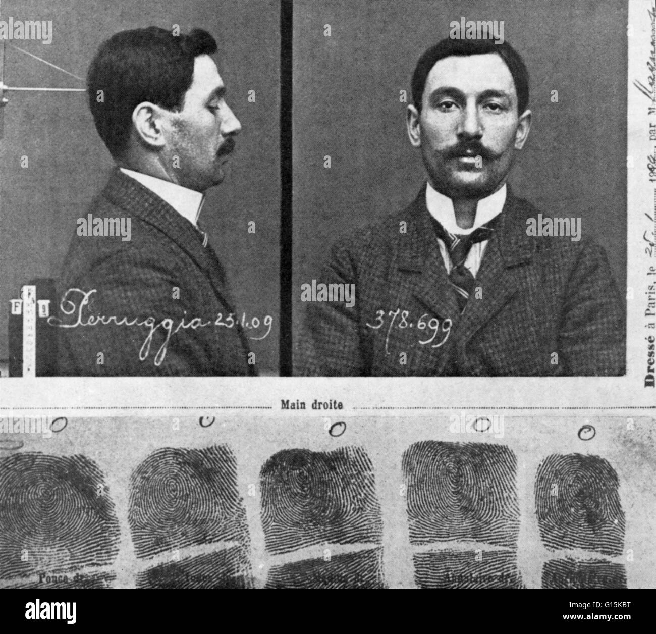 Mug shot e impronte digitali di Vincenzo Peruggia (1881-1925), un museo italiano lavoratore che ha rubato la Mona Lisa dal museo del Louvre di Parigi, Francia, il 21 agosto 1911. Egli ha tenuto sotto il suo letto e sul suo tavolo da cucina per due anni prima di tentare di vendere a Foto Stock