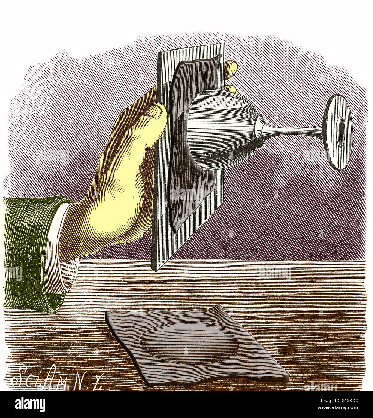 Immagine storica (circa 1890) che illustra il concetto di tensione superficiale, una proprietà della superficie di un liquido che gli consente di resistere a una forza esterna. Foto Stock Immagine storica (circa 1890) che illustra il concetto di tensione superficiale, una proprietà della superficie di un liquido che gli consente di resistere a una forza esterna. Foto Stock