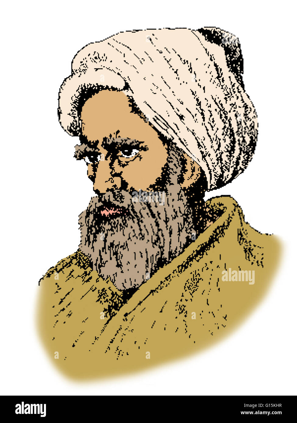 Colore esaltato ritratto di Abu Ali al-Hasan ibn al-Hasan ibn al-Haytham (Alhacen, Alhazen) (965-1040) era un musulmano, scienziato e polymath descritto in varie fonti come o arabo o persiano. Egli è spesso riferito come Ibn al-Haytham o al-Basri Foto Stock