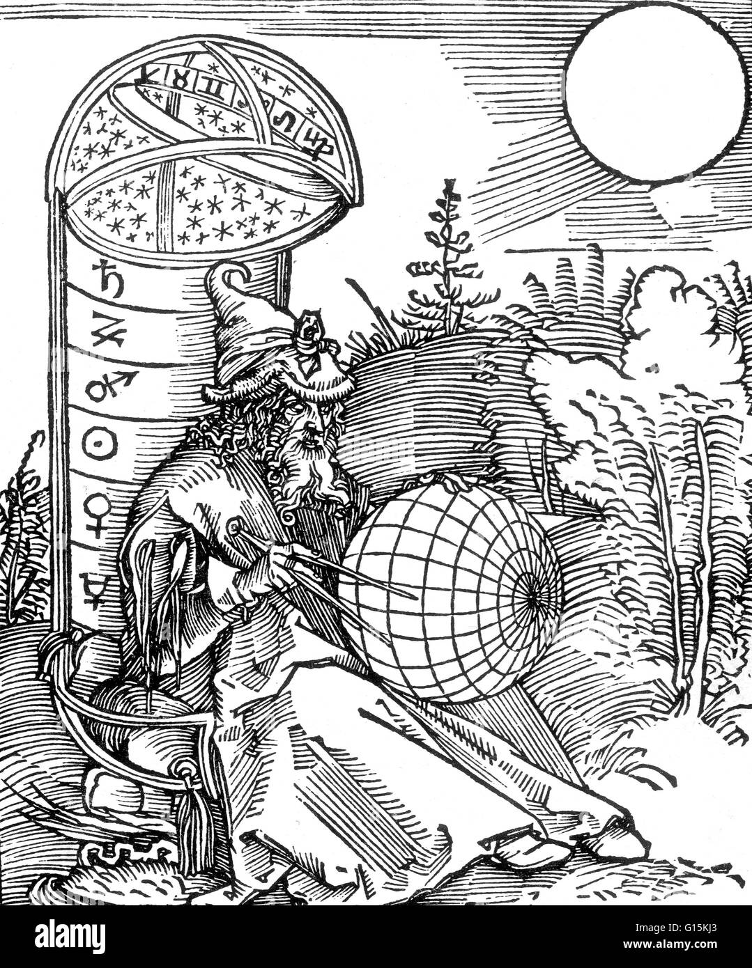 Una incisione di un astronomo di Albrecht Dürer, dalla pagina del titolo di Messahalah, De scientia motus orbis (1504). Come in molte illustrazioni medievali, la bussola di redazione qui è una icona di religione così come la scienza, in riferimento a Dio come architec Foto Stock