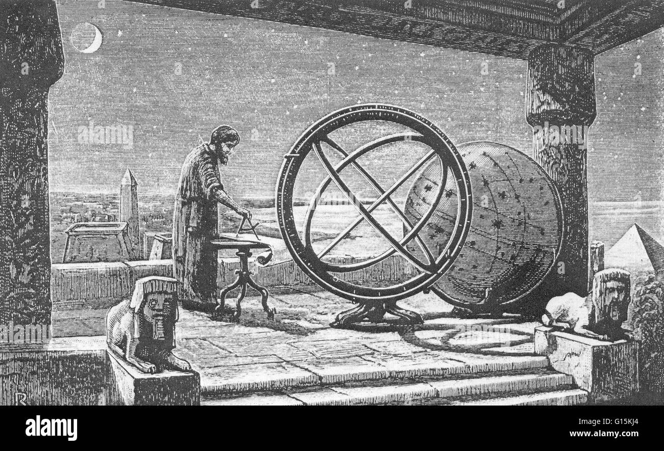Ipparco nel suo osservatorio di Alessandria. Nel centro è una sfera armillare (quadro sferica di anelli, centrato sulla terra, che rappresentano le linee celesti di longitudine e latitudine ed altri astronomicamente importanti funzioni come l' eclittica). Foto Stock