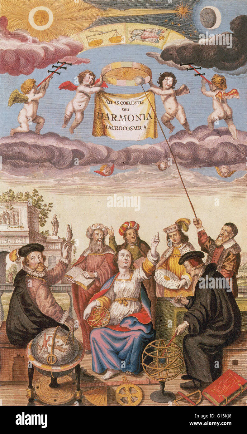 La Harmonia Macrocosmica è una stella atlas scritto da Andreas Cellarius e pubblicato nel 1660 da Johannes Janssonius. La prima parte della atlas contiene la piastra di rame di stampe raffiguranti il mondo sistemi di Claudio Tolomeo, Nicolò Copernico e Tycho Br Foto Stock