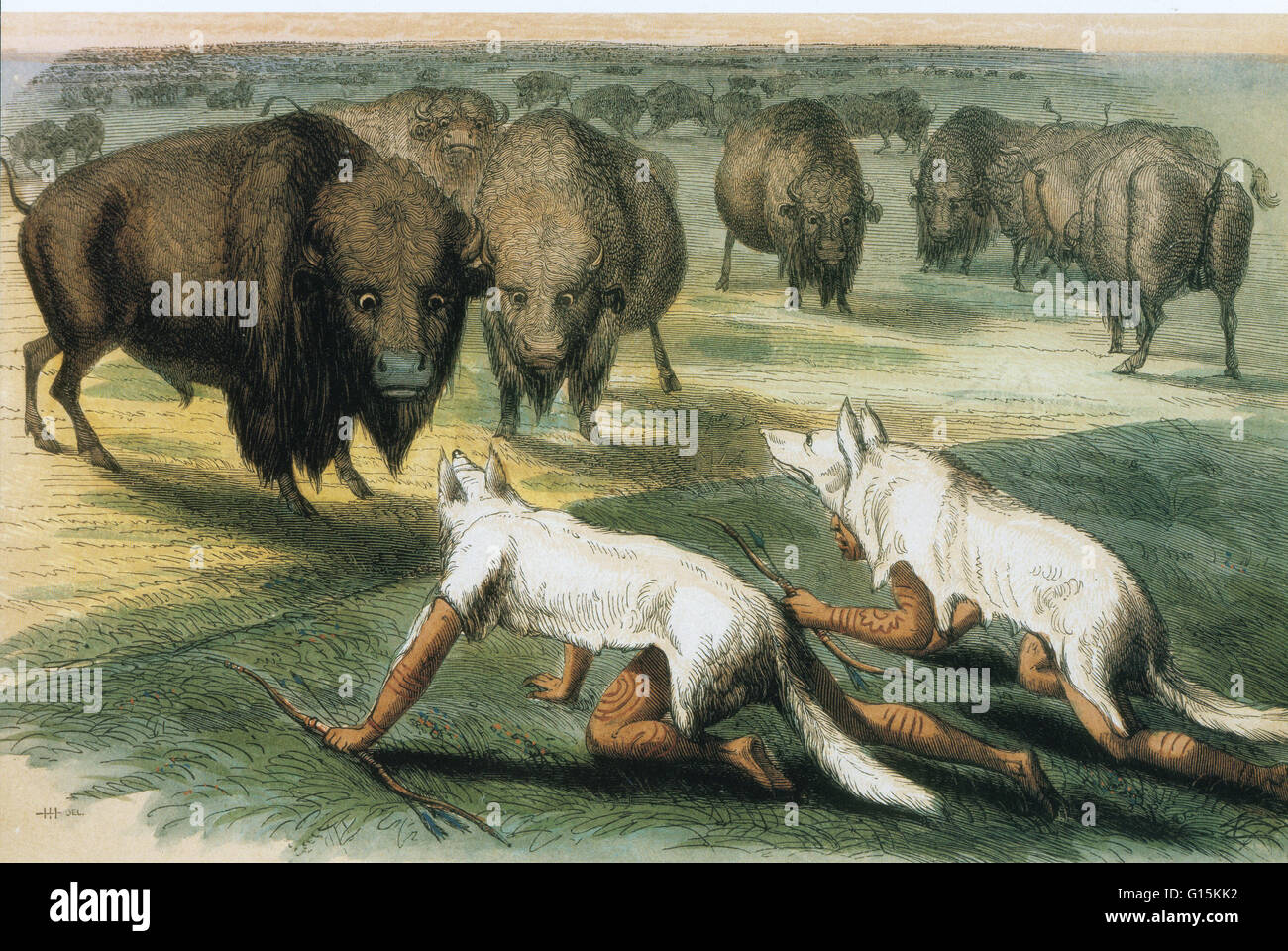 Pittura di olio dal titolo: Caccia Buffalo camuffati con pelli di lupo, 1832, da George Catlin. George Catlin (1796-1872) era un pittore americano, autore e chi specializzata in ritratti dei nativi americani nel Vecchio West. Catlin prevedeva una tragica fu Foto Stock