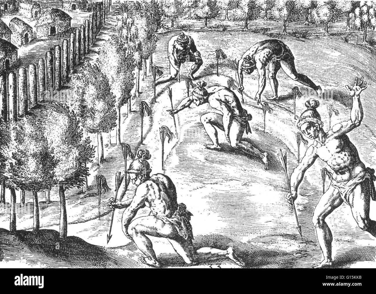 Gli Indiani Timucuan dichiarare guerra da 'Brevis narratio eorum quae in Florida Americai provincia Gallis acciderunt', pubblicato nel 1591 con incisioni da Theodore de Bry (1528-98). Jacques Le Moyne de Morgues (1533-1588) fu un artista francese e membro del Jea Foto Stock