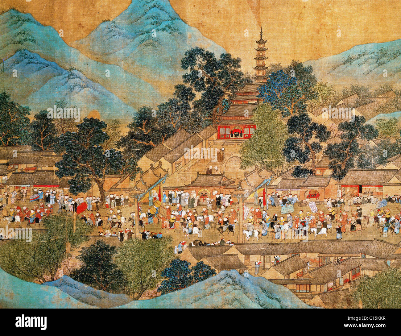 L'Imperatore Kang Shi (Kangxi) tour di Kiang-Han nel 1699, dopo Chaio Chen Ping (1661-1722) (inchiostro e colore su seta supportati Carta) dalla dinastia Qing Scuola Cinese. L'imperatore Kangxi (1654-1722) è stato il quarto imperatore della dinastia Qing. Kangxi sotto il regno di 61 sì Foto Stock
