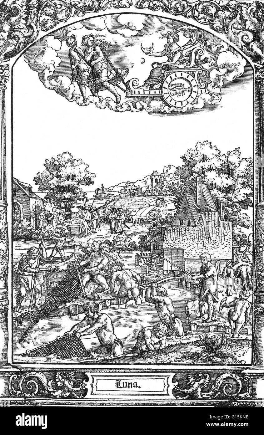 Questa xilografia è stato attribuito a due artisti. "La vita dei figli della luna " di Georg Pencz (1500-1550), in Folge der Planeten e 'La Luna e i suoi tratti' da Hans Sebald Beham (1500-1550). In antica religione romana e del mito, Luna è il divin Foto Stock