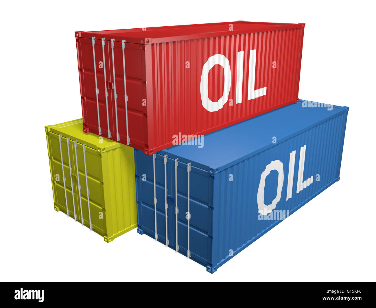 Spedizione di importazione ed esportazione di contenitori etichettati per olio, rendering 3D Foto Stock