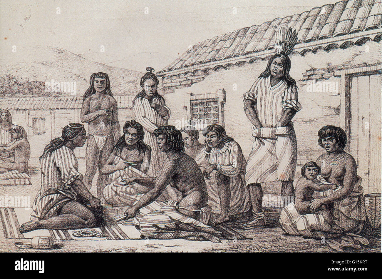 Illustrazione dall'artista russo Louis Choris raffigurante un gruppo di California 'Mission indiani,' Nativi Americani che coloni spagnoli avevano forzatamente trasferito a dure, convento-simili missioni nel XVIII e XIX secolo. Qui essi sono pictur Foto Stock