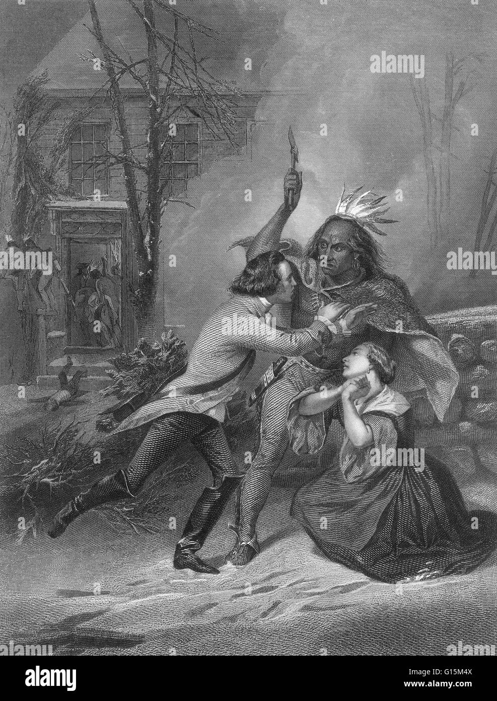 Jane Wells implora la sua vita come un uomo supplica con un indiano americano di non uccidere il suo. La casa dietro di loro è bruciato da lealisti e indiani americani. Il Cherry Valley massacro è stato un attacco da parte di British e Iroquois forze su un Fort e l'vill Foto Stock