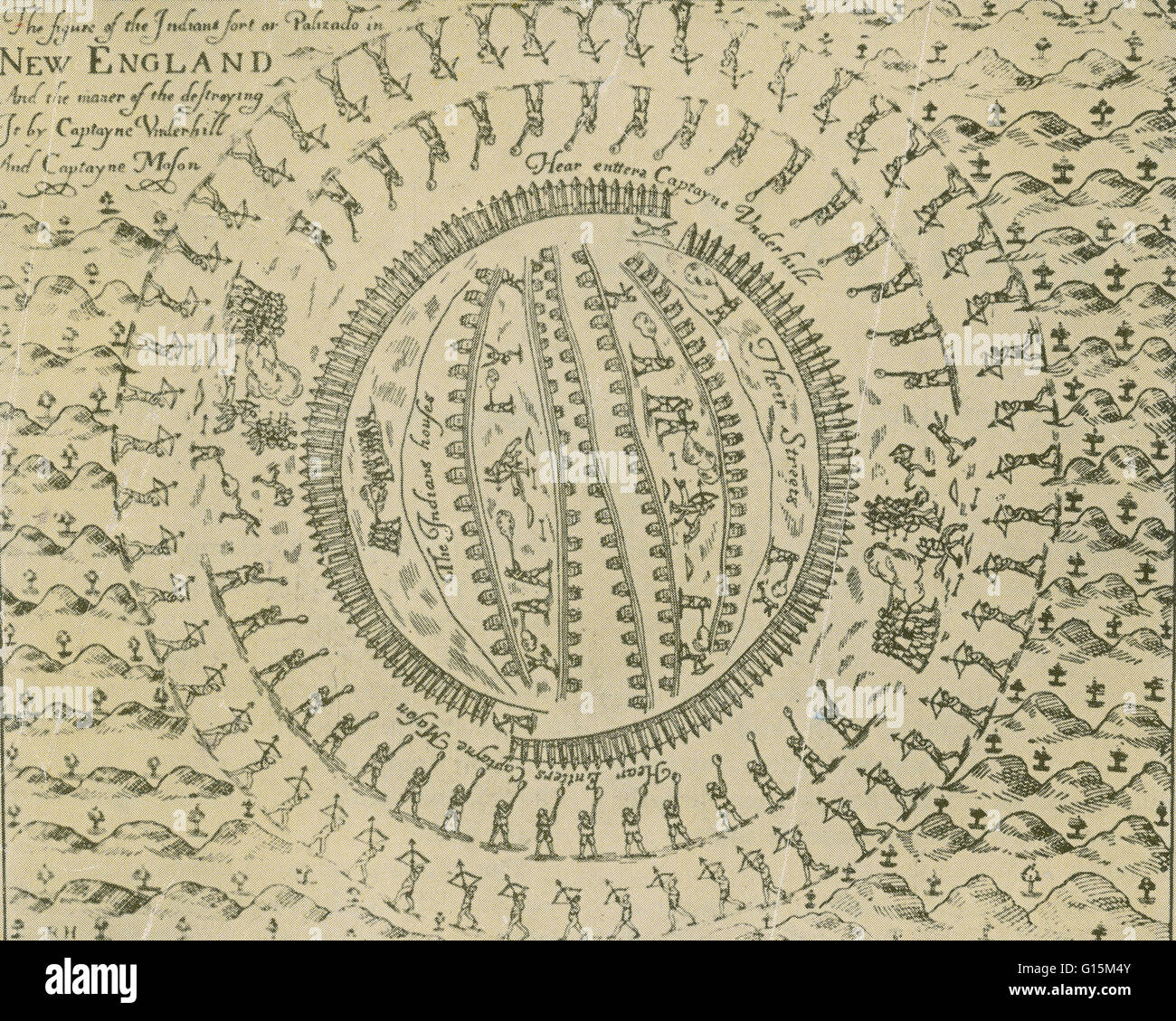 Incisione raffigurante l'attacco sul Pequot fort, pubblicato in 1638 mostra la prima circondato da un anello interno di Colonial moschettieri e un anello esterno di loro Mohegan alleati.Il Mistico massacro ha avuto luogo il 26 maggio 1637, durante la guerra Pequot, QUANDO E Foto Stock