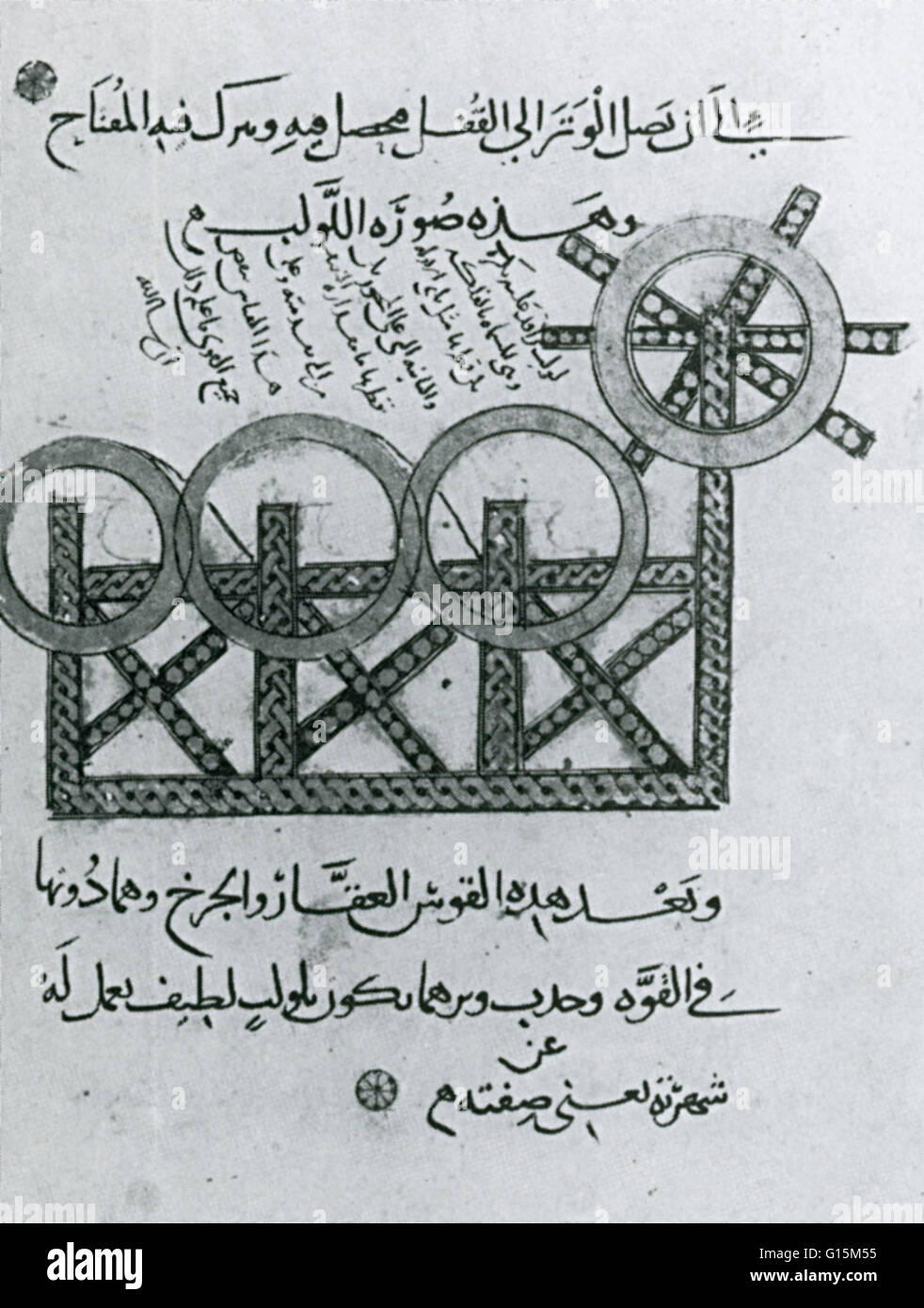 Illustrazione da un trattato compilato fro Saladino dopo la caduta di Gerusalemme. Il triplice arco aveva tre set di corde legate ad una manovella e la ruota che avrebbe bisogno di molti uomini al lavoro. Utilizzato principalmente per la guerra d'assedio. Foto Stock