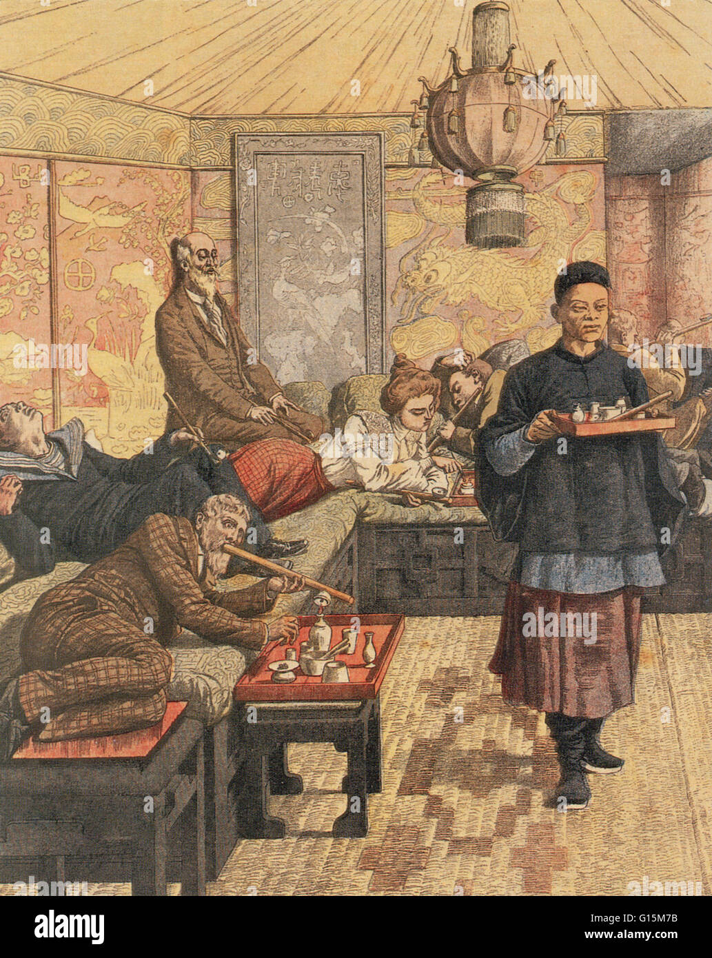 Un opium den in Francia. Illustrazione da "Le Petit Journal", 5 luglio 1903. L oppio è una droga ottenuta dai semi di papavero da oppio. Esso contiene sostanze chimiche di morfina e codeina, come pure altri alcaloidi. La resina di oppio dal papavero è p Foto Stock