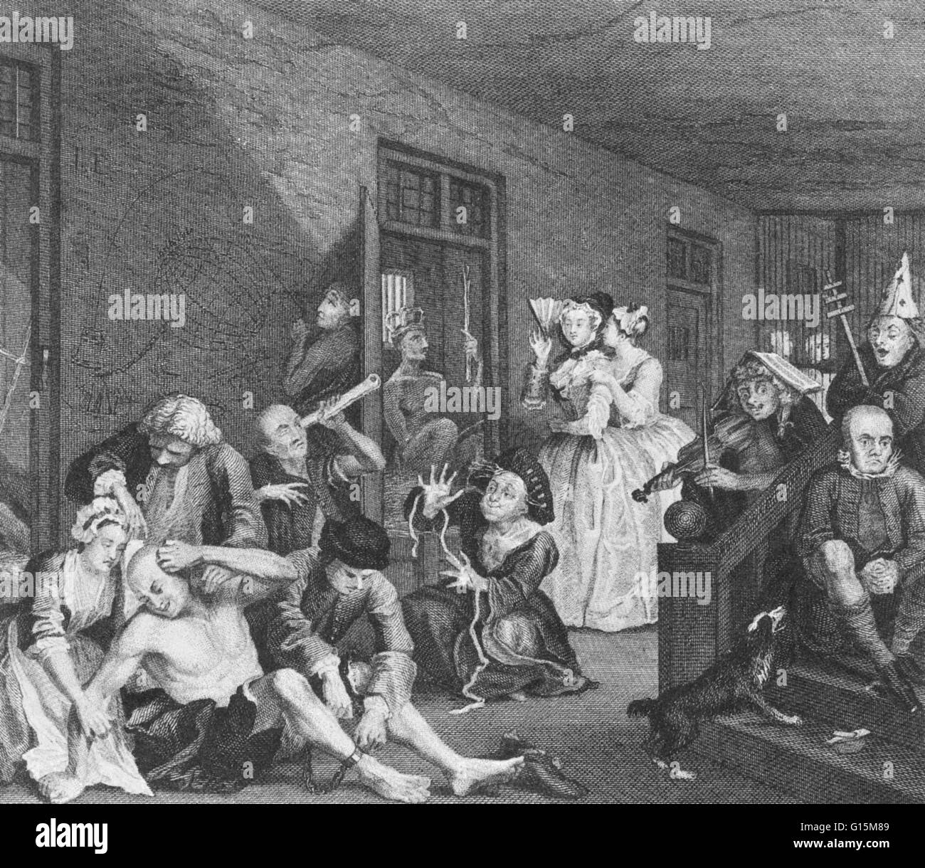'Bolgia', una Incisione dall'artista inglese William Hogarth (1697-1764), raffigurante mentalmente disturbato pazienti su un ward presso l ospedale di Betlemme, Londra. L'incisione originale è stata pubblicata nel 1735 e compresa la piastra 8 nella serie 'The Rake's Progr Foto Stock