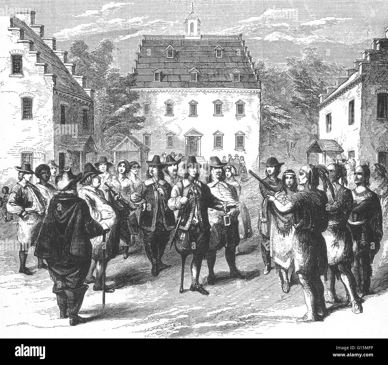 Peter Stuyvesant e nativi Indiani Americani, xvii secolo. Stuyvesant (1612-1672) mantenuta una tregua diplomatica con gli Indiani dopo il Pesco guerra. Ha servito come ultimo direttore generale olandese della colonia di Nuova Olanda dal 1647 fino a quando non è stato Foto Stock