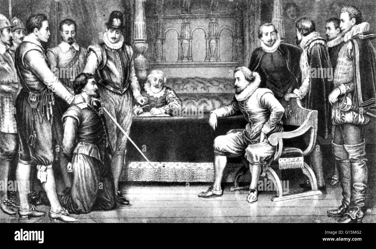 Guy Fawkes (Aprile 13, 1570 - 31 gennaio 1606), Aka Guido Fawkes, interrogato, prima della sua prova, da James I e il suo consiglio in king's bedchamber a Whitehall. Guido Fawkes era il nome da lui adottato durante la Guerra degli Ottanta Anni sul lato di Foto Stock