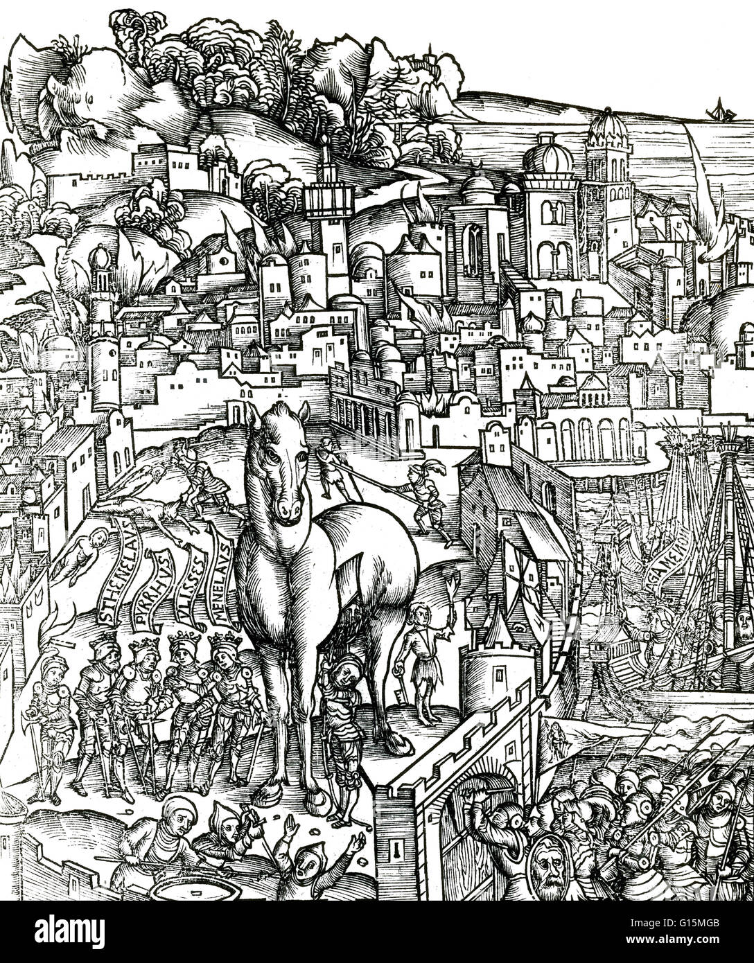 La scena è illustrato nello stile del Medioevo. Il cavallo di Troia è un racconto dalla guerra di Troia circa lo stratagemma che ha permesso che i Greci a infine inserire la città di Troia e porre fine al conflitto. Nella versione canonica, dopo un infruttuoso 10-Sì Foto Stock