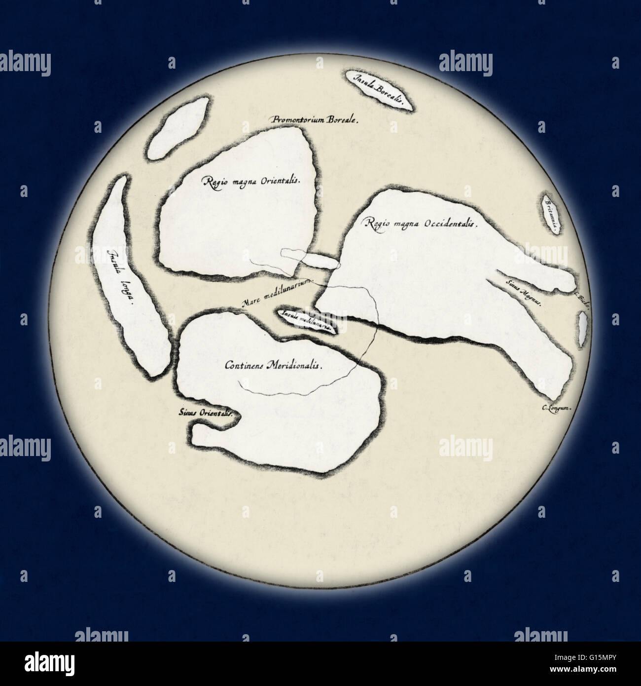 Il significativo solo mappa della Luna fatta prima dell'invenzione del telescopio, disegnata da William Gilbert (1540-1603), il medico per la Regina Elisabetta I e lo scopritore del magnetismo terrestre. Foto Stock