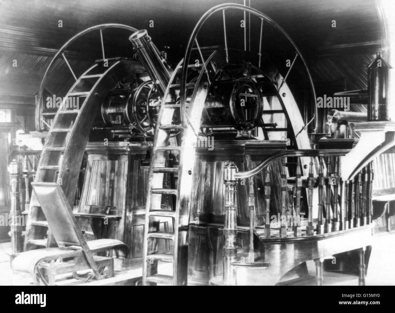 Leccare Observatory, meridian strumento, 1888. Il Lick Observatory è un osservatorio astronomico, di proprietà e gestito dall'Università di California. Il circolo meridiano è uno strumento per la temporizzazione del passaggio di stelle lungo il meridiano locale, un EVA Foto Stock